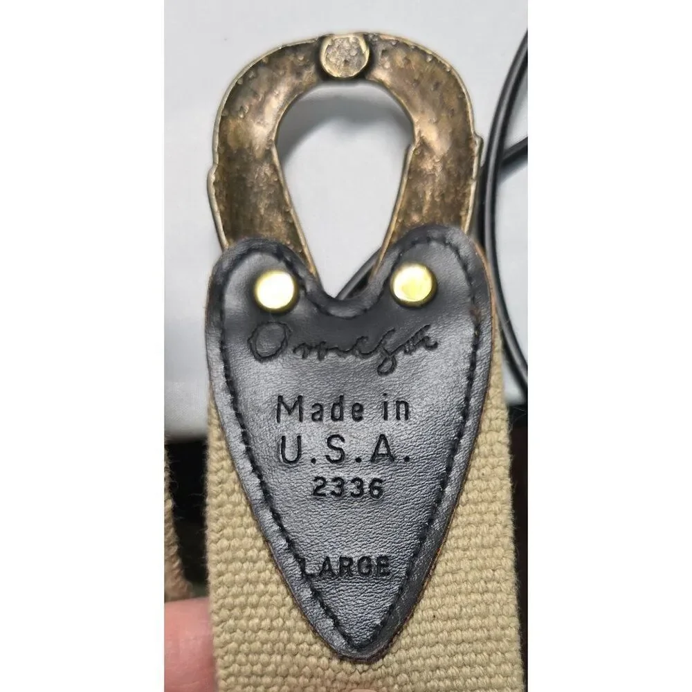 Vintage Omega Canvas Belt With Brass Arrow Buckle Leather Accents Unique Design